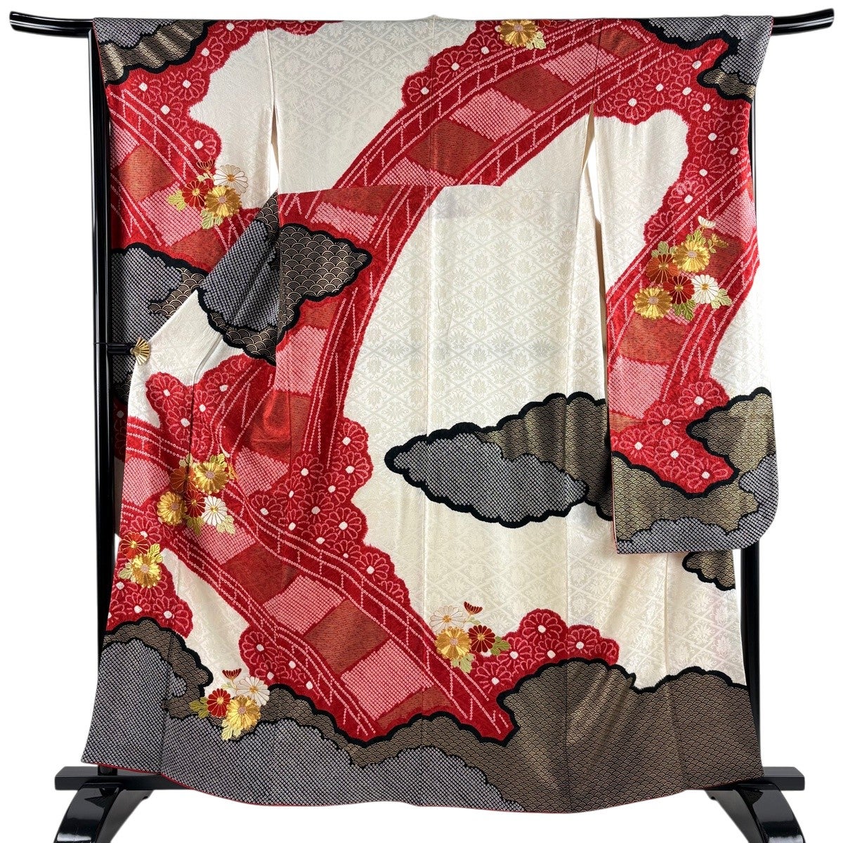 振袖 身丈161.5cm 裄丈67.5cm L 袷 菊 橋 絞り 金糸 赤 正絹 名品