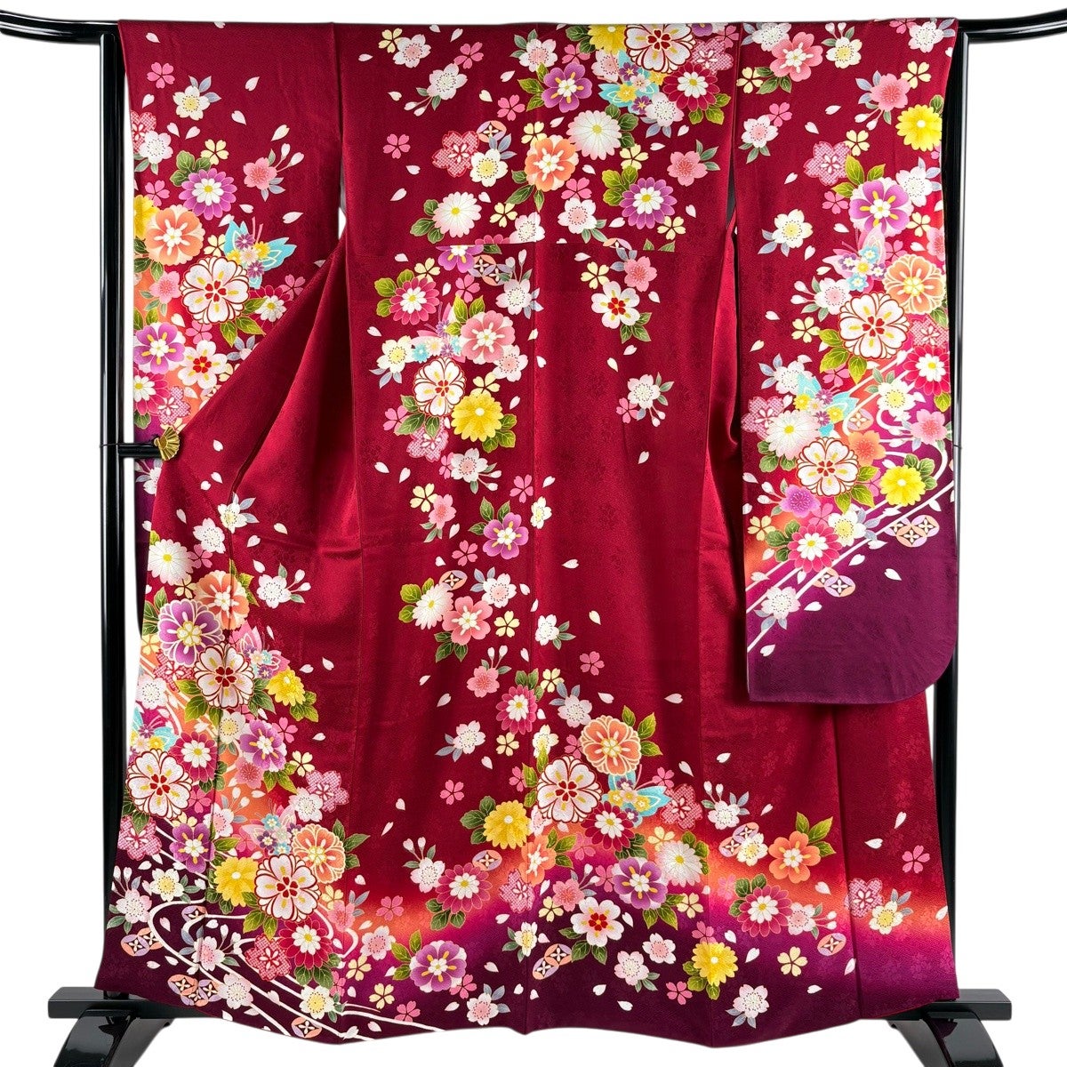 美品】 振袖 身丈161cm 裄丈64cm M 袷 草花 流水 金糸 染め分け 赤