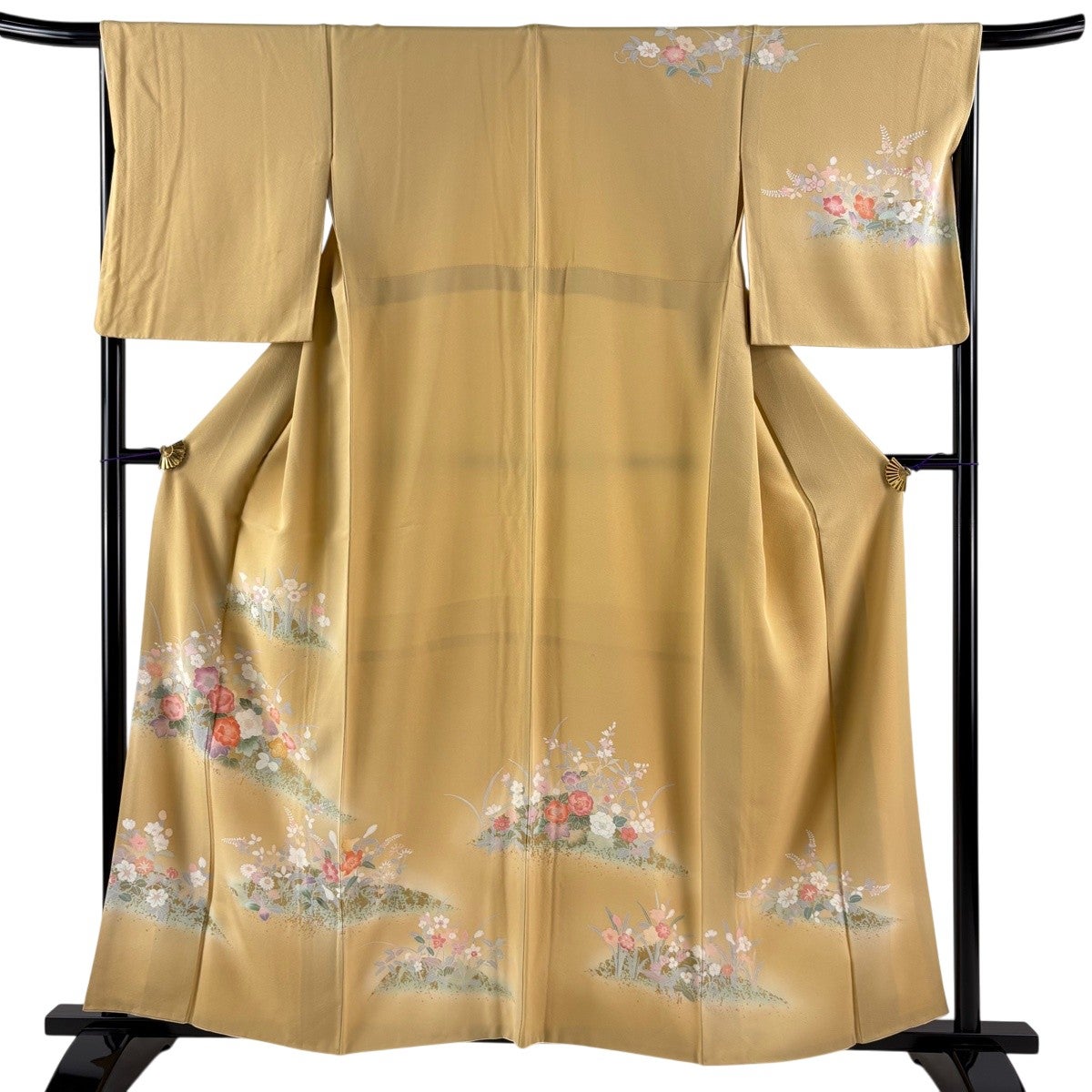 訪問着 身丈157.5cm 裄丈66.5cm M 袷 草花 金彩 ぼかし 山吹色 正絹 秀