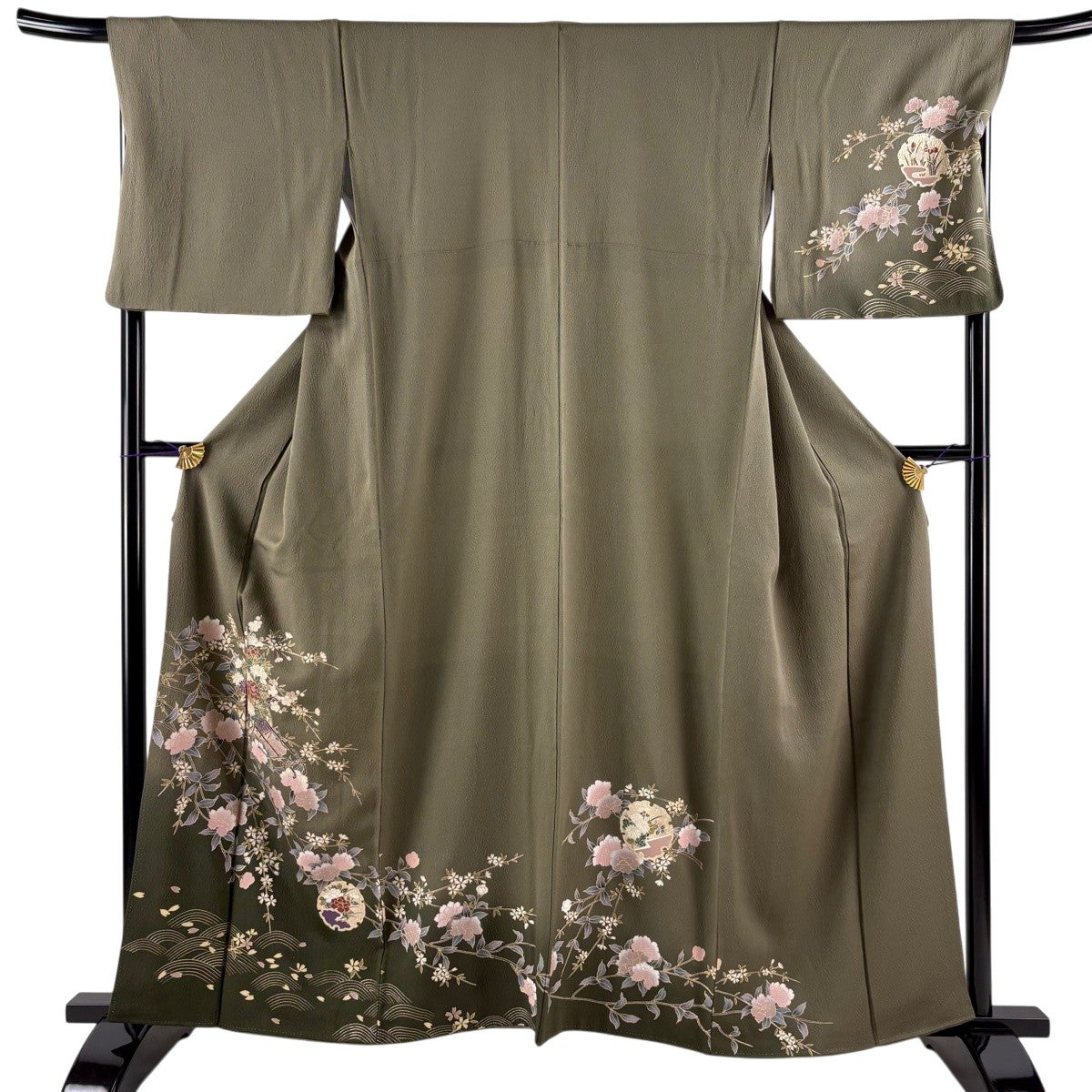訪問着 身丈167cm 裄丈66cm M 袷 御所車 シルエット 刺繍 金彩 薄緑