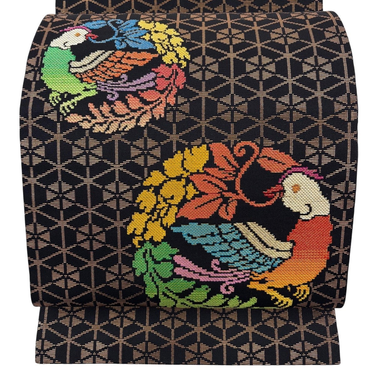 美品】 開き名古屋帯 逸品 龍村美術織物 比翼仕立て 華文 鳥 銀糸 焦