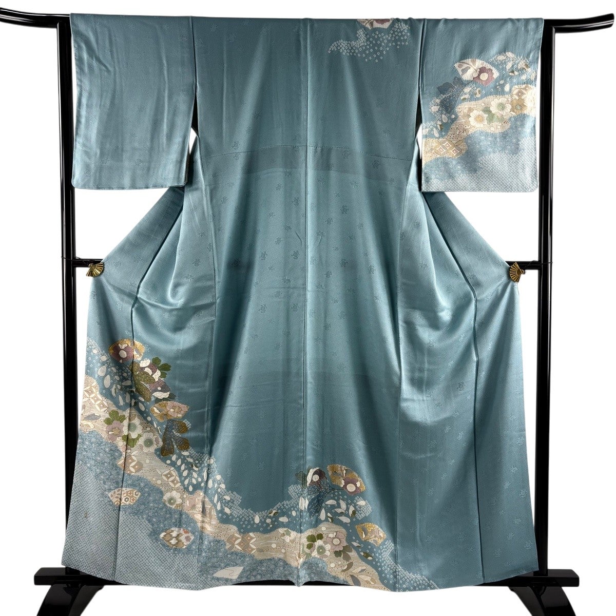 競ナビ】訪問着 名品 菊 桜 金糸 金彩 薄緑 袷 身丈158cm 裄丈64.5cm M