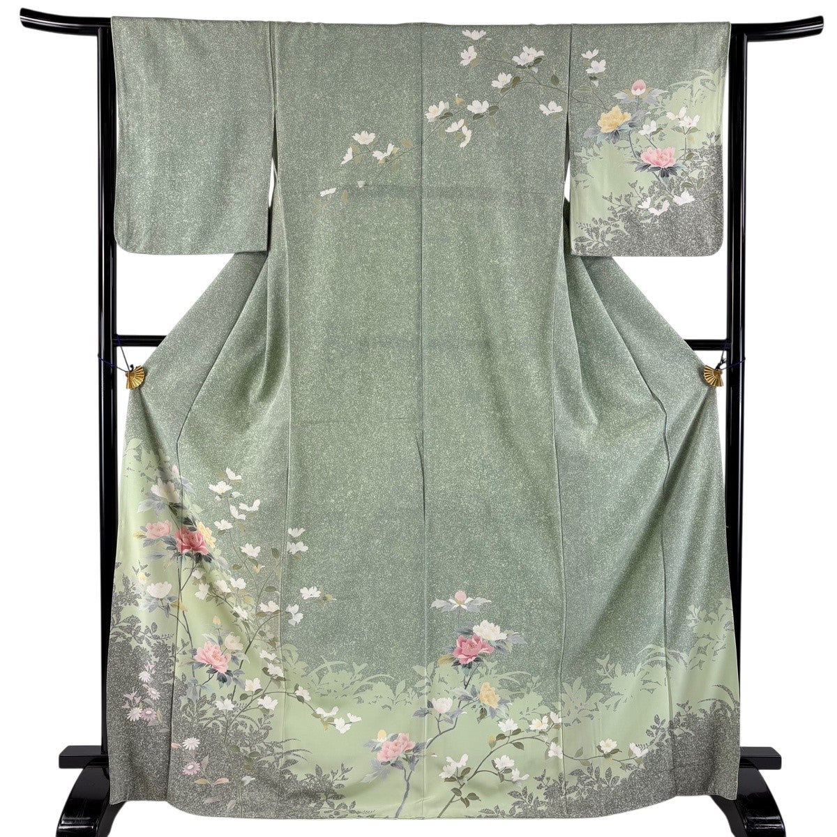 訪問着 身丈169.5cm 裄丈64.5cm M 袷 枝花 草花 染め分け 薄緑 正絹 秀