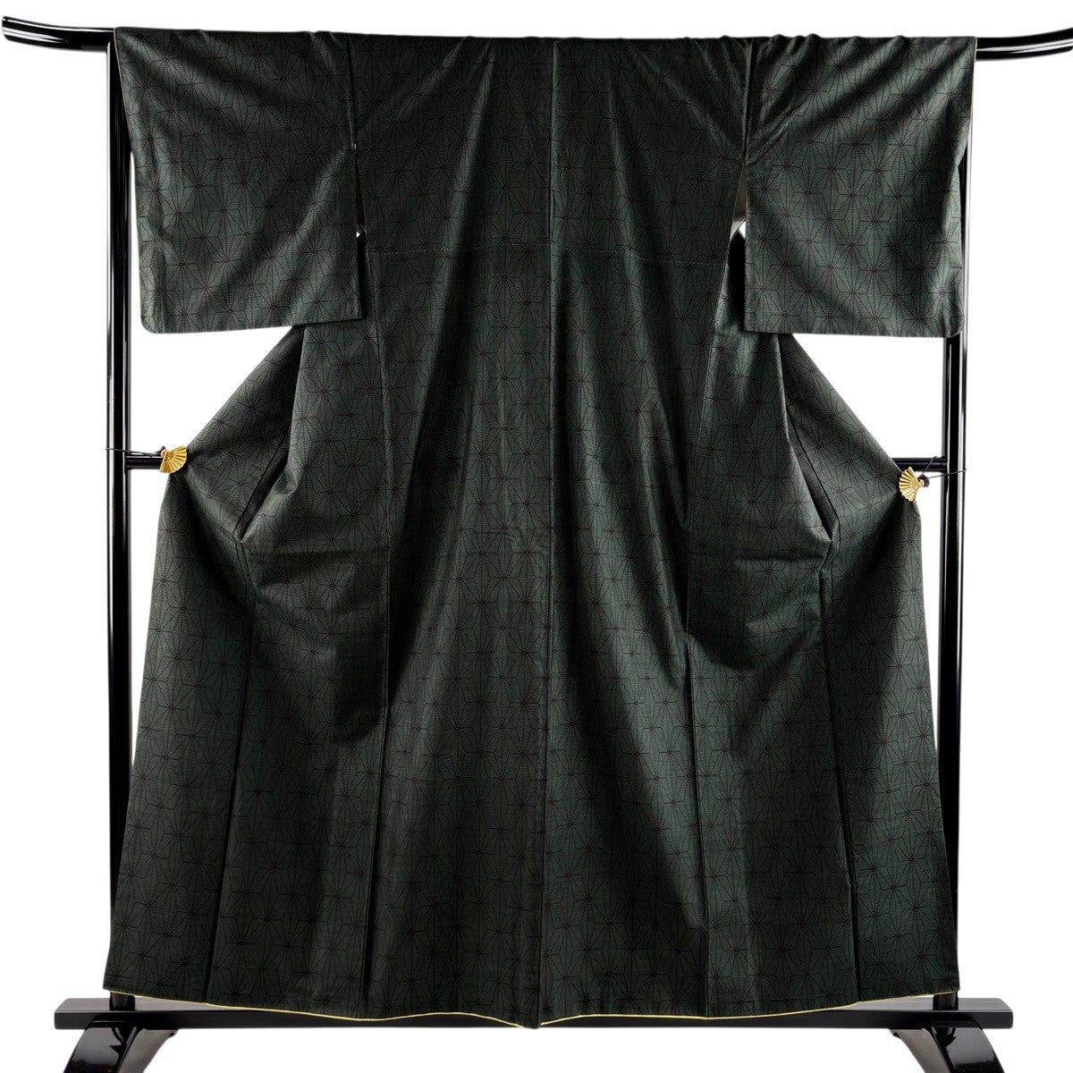 美品】 紬 身丈158cm 裄丈66cm M 袷 麻の葉 灰緑 正絹 秀品｜中古