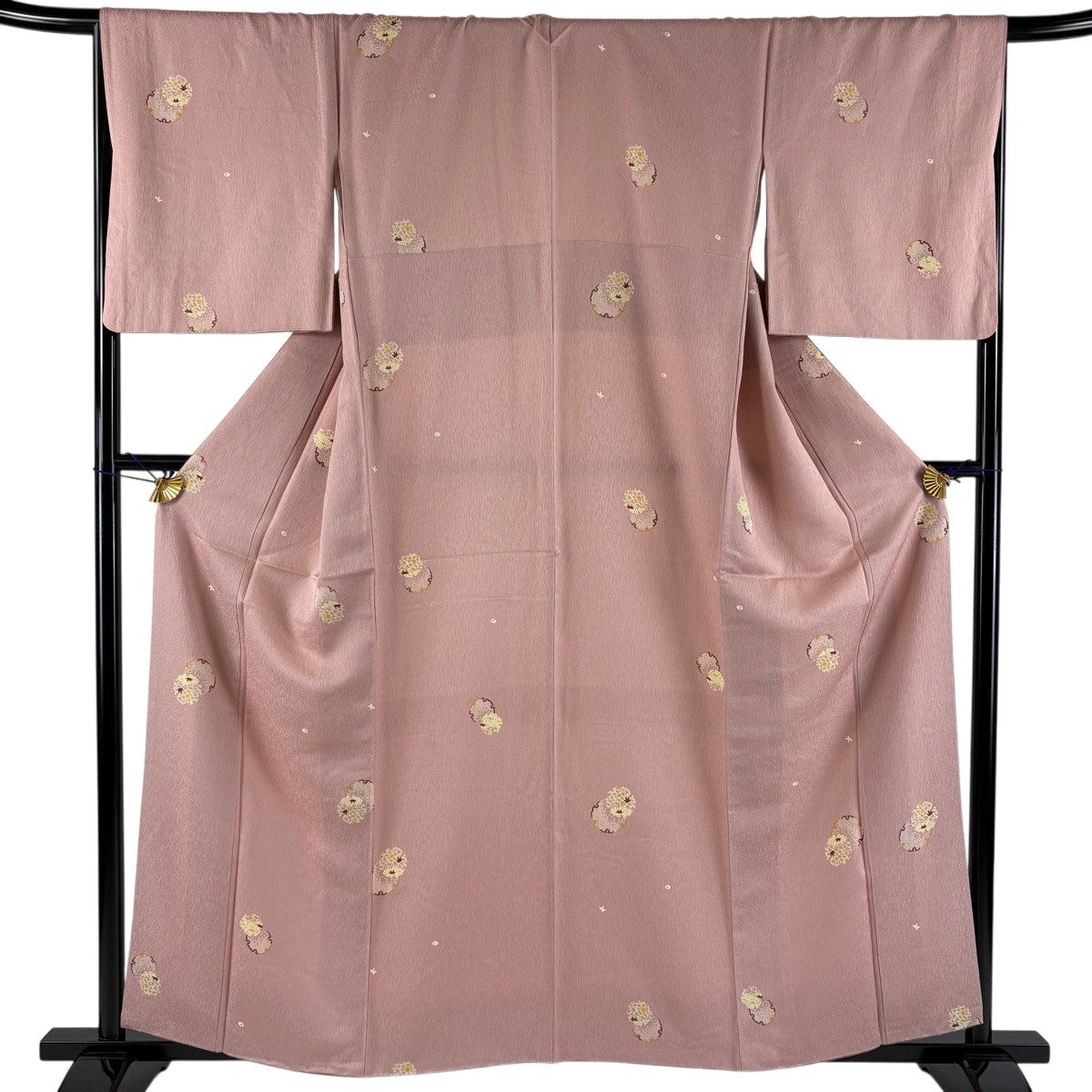 美品】 小紋 身丈160cm 裄丈67cm M 袷 雪輪 笹 金彩 ピンク 正絹 秀品