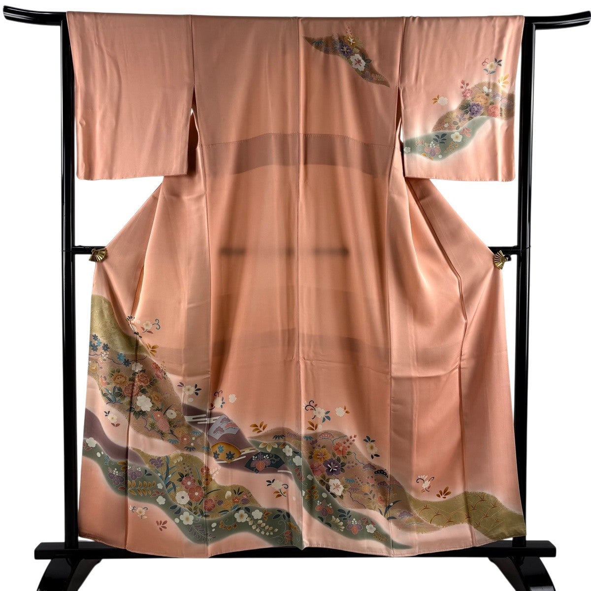 訪問着 身丈158.5cm 裄丈64.5cm M 袷 冊子 枝垂れ桜 金糸 金彩 鶯色