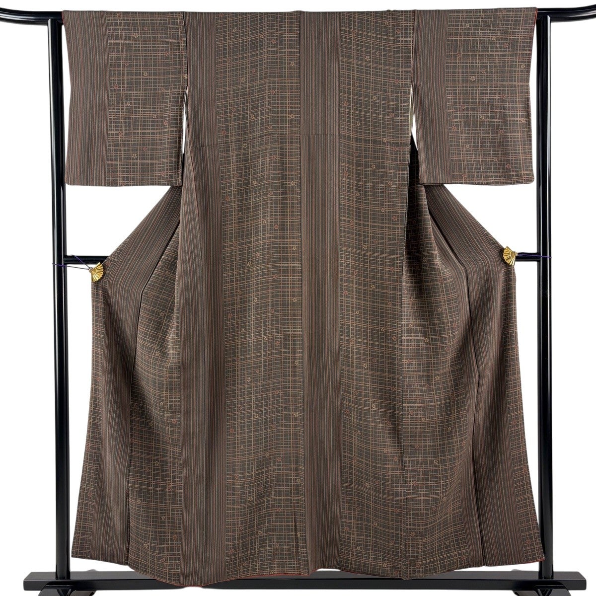 小紋 身丈154.5cm 裄丈63cm S 袷 格子 桜 焦茶色 正絹 優品｜中古