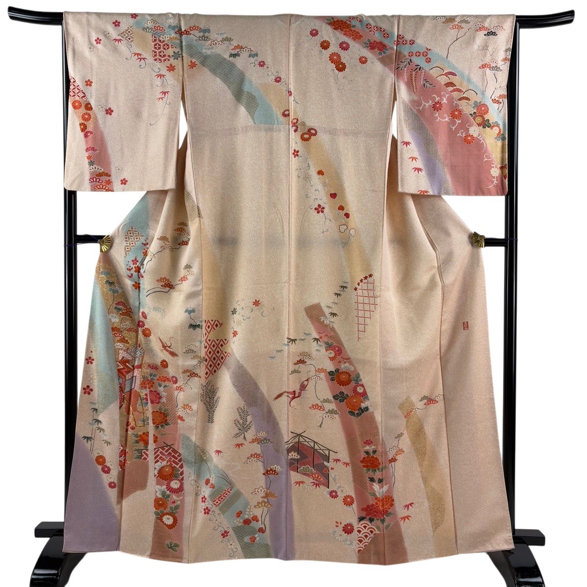 訪問着 身丈163.5cm 裄丈66cm M 袷 落款あり 御所車 松竹梅 金糸 金彩