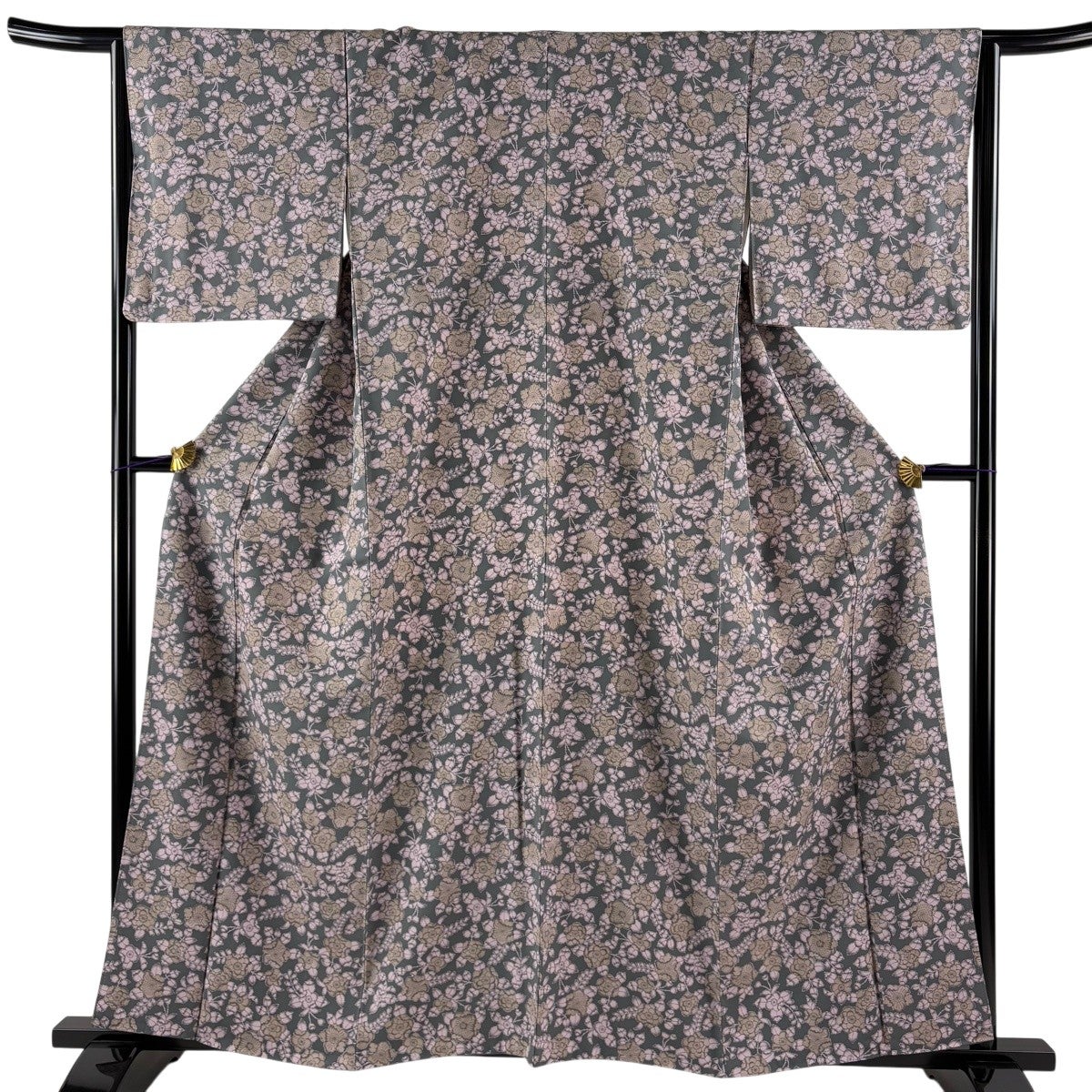 美品】 小紋 身丈159cm 裄丈65.5cm M 袷 辻が花柄 灰色 正絹 優品