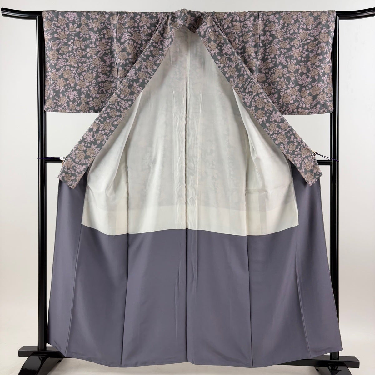 美品】 小紋 身丈159cm 裄丈65.5cm M 袷 辻が花柄 灰色 正絹 優品