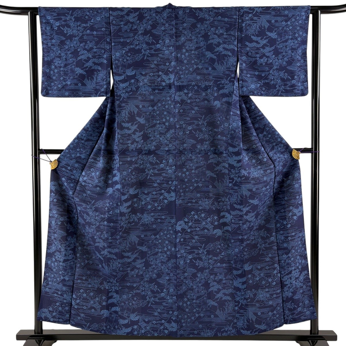 小紋 身丈155cm 裄丈63cm S 単衣 草花 流水 紺色 正絹 優品｜中古