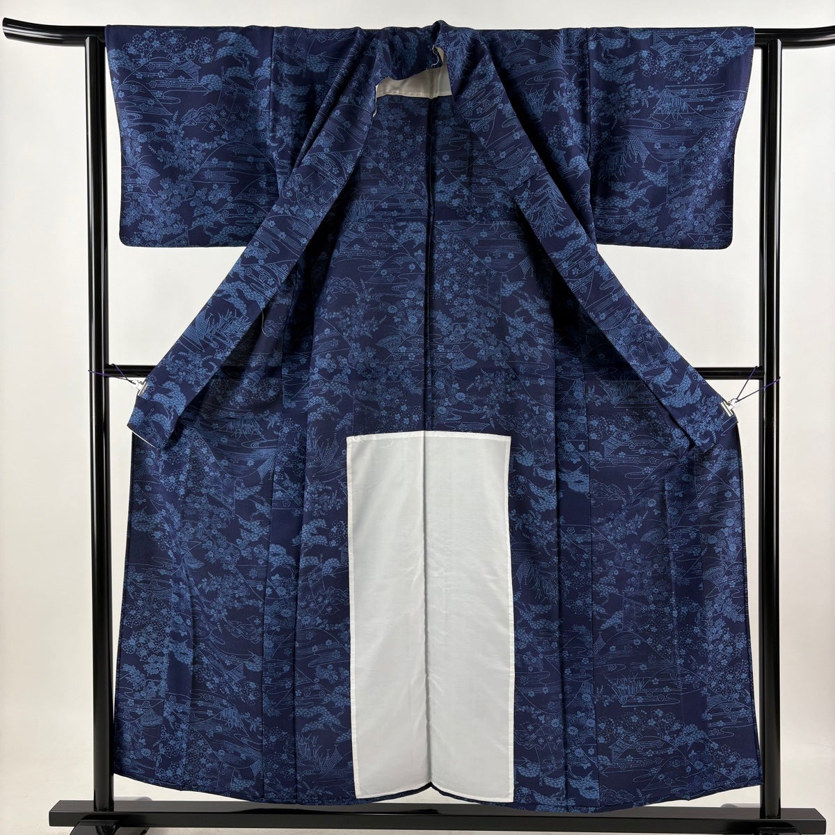 小紋 身丈155cm 裄丈63cm S 単衣 草花 流水 紺色 正絹 優品｜中古