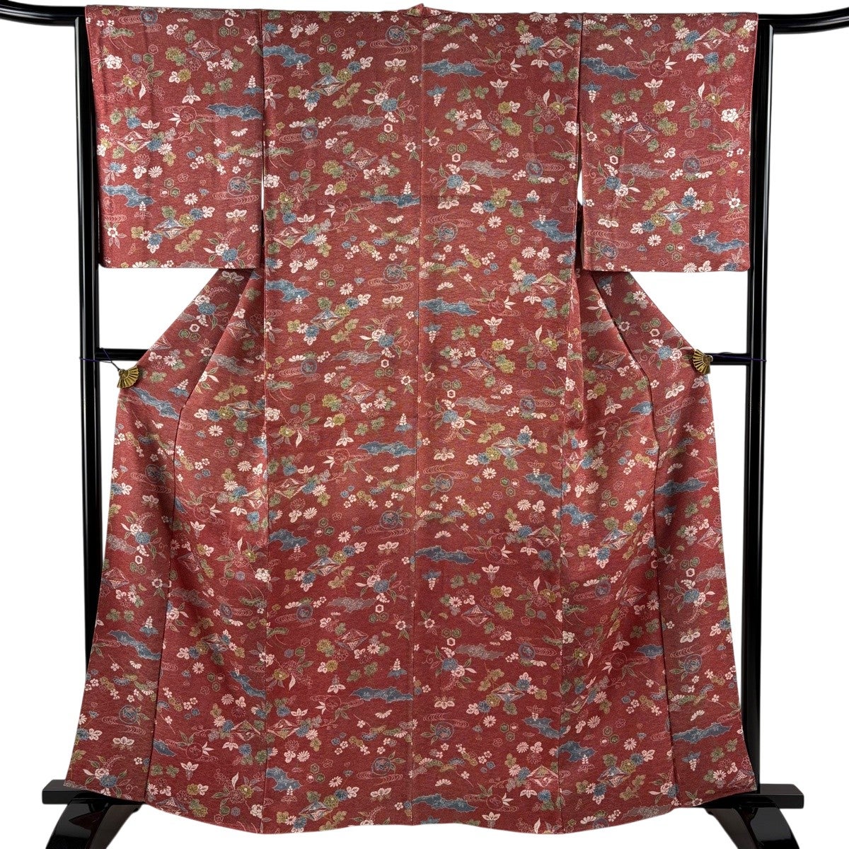 美品】 小紋 身丈163cm 裄丈64cm M 袷 鶴 菊 茜色 正絹 優品｜中古