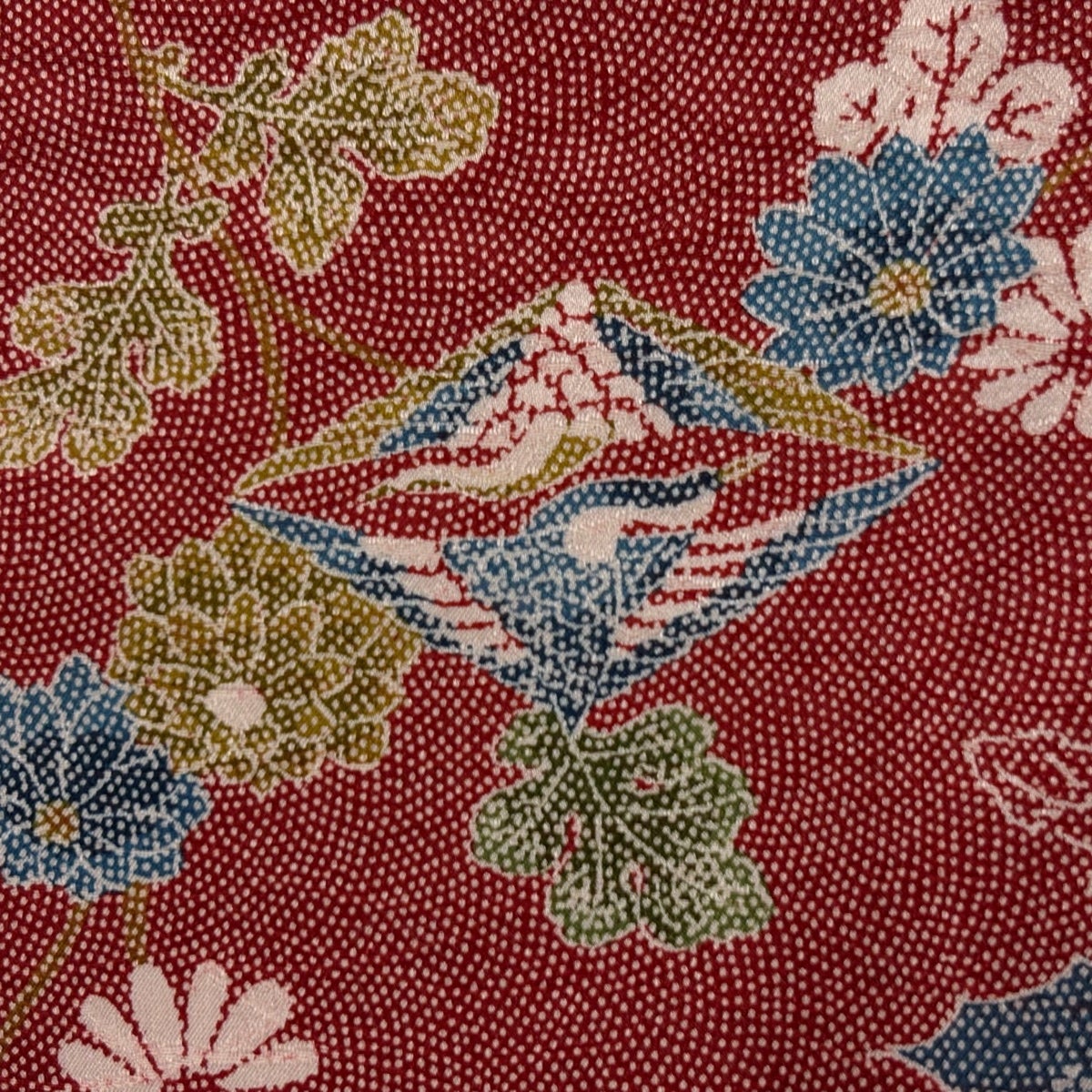 美品】 小紋 身丈163cm 裄丈64cm M 袷 鶴 菊 茜色 正絹 優品｜中古