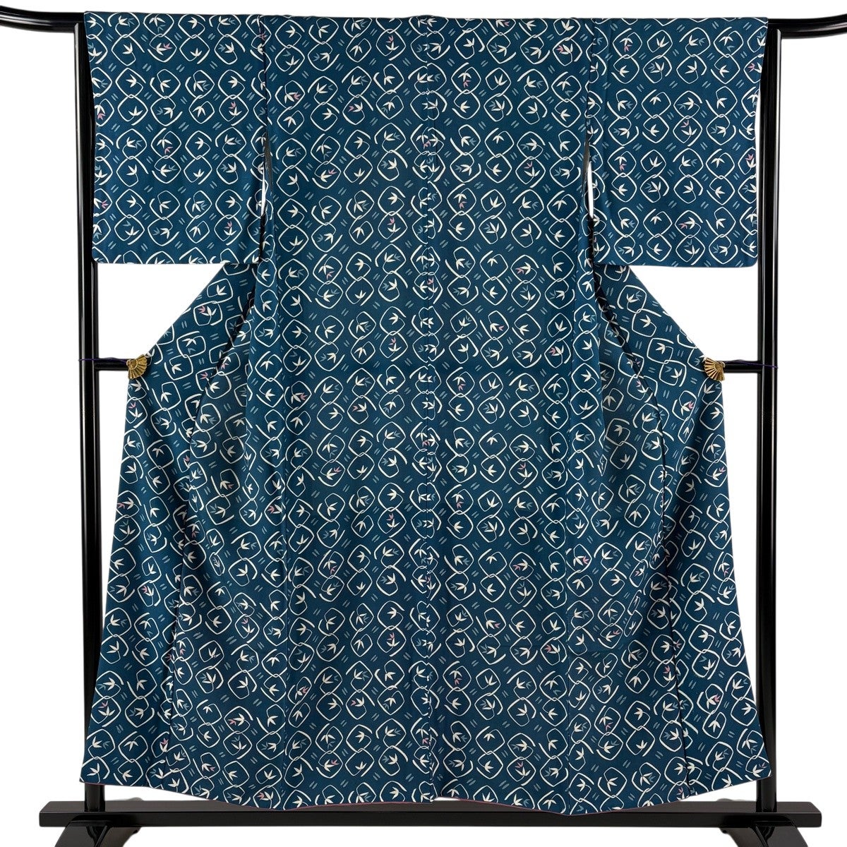 小紋 身丈161.5cm 裄丈65cm M 袷 葉と実 青灰色 化繊 優品｜中古・古着