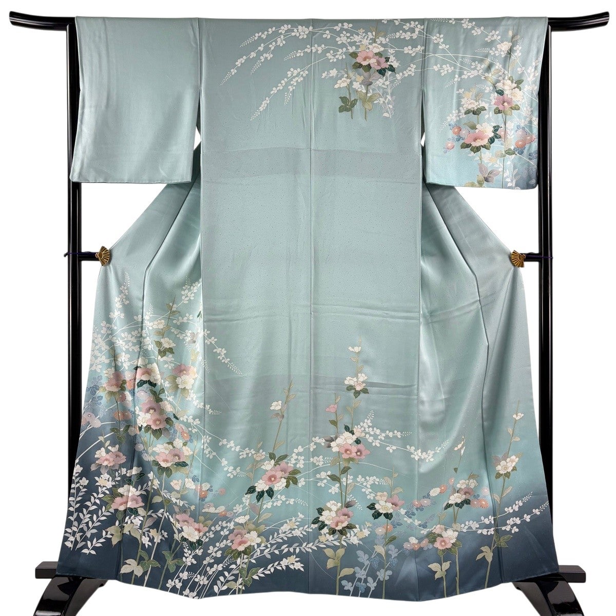 訪問着 身丈162.5cm 裄丈64cm M 袷 草花 萩 金彩 染め分け 薄緑 正絹