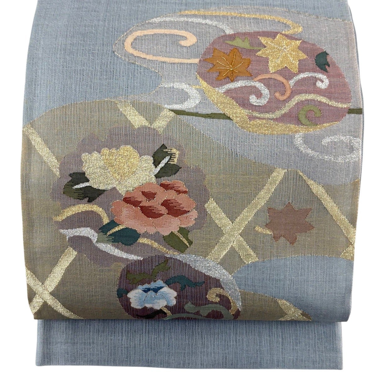 袋帯 秀品 華文 相良刺繍 箔 灰白 お太鼓柄 正絹｜中古・古着 