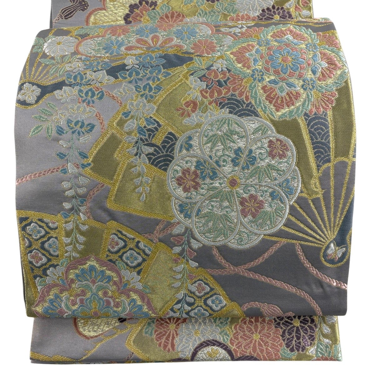 美品】 袋帯 名品 鳳凰 花唐草 金糸 箔 灰紫 六通 正絹｜中古・古着