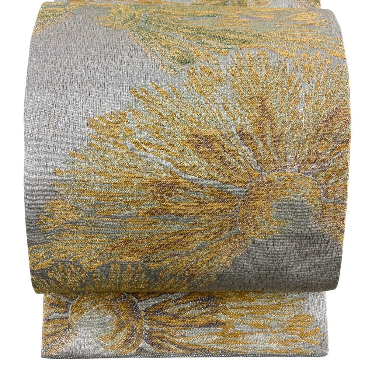 美品】 袋帯 名品 花菱 幾何学模様 金銀糸 箔 銀色 六通 正絹｜中古