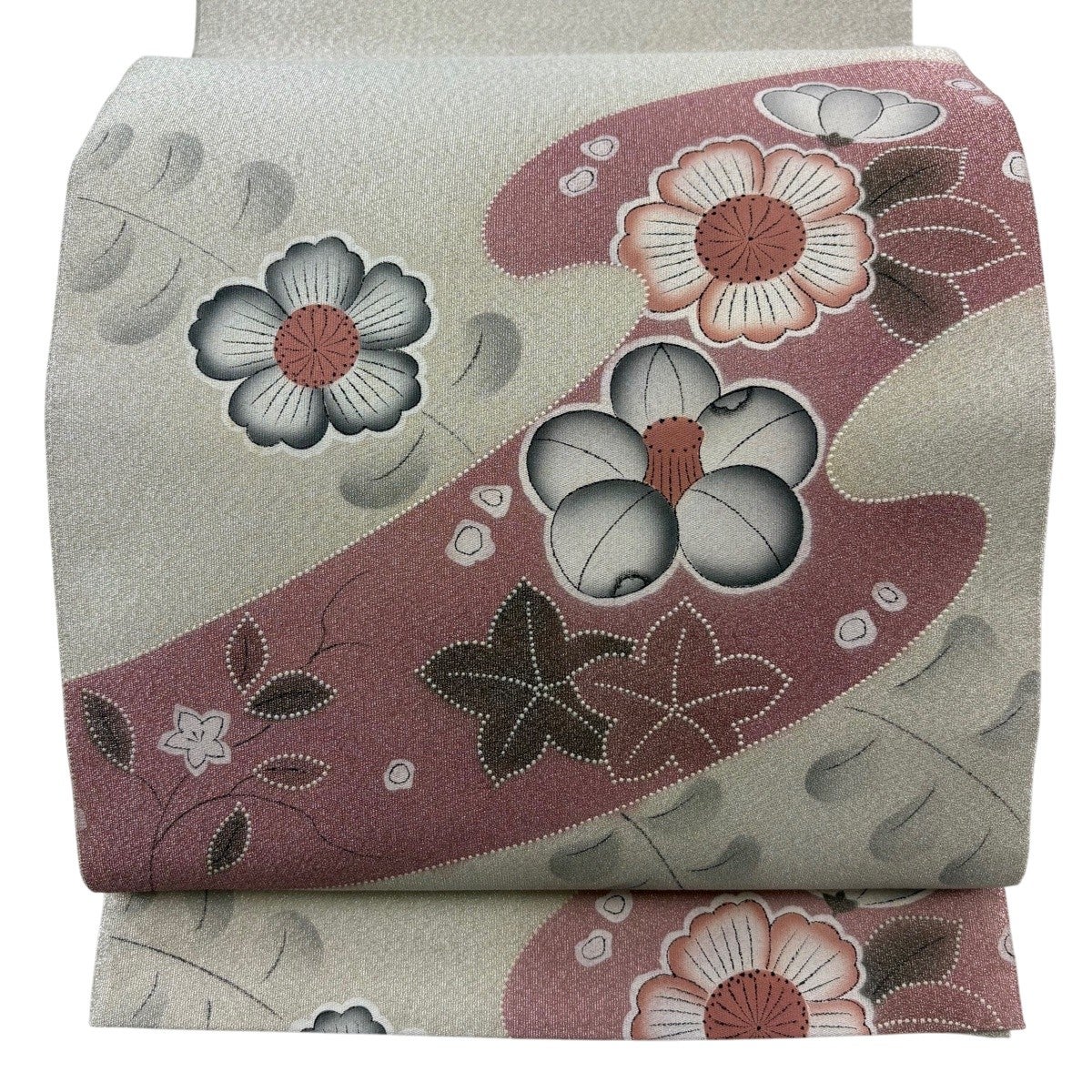 袋帯 秀品 草花 霞 銀糸 刺繍 クリーム お太鼓柄 正絹｜中古・古着
