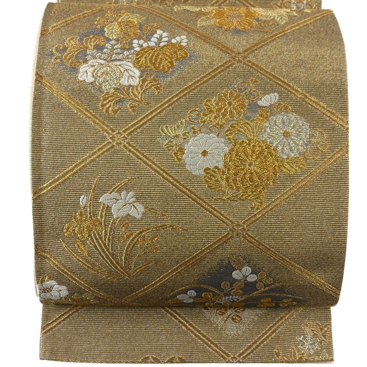 袋帯 美品 秀品 菱 花鳥 金糸 箔 銀色 六通 正絹 中古 袋帯 秀