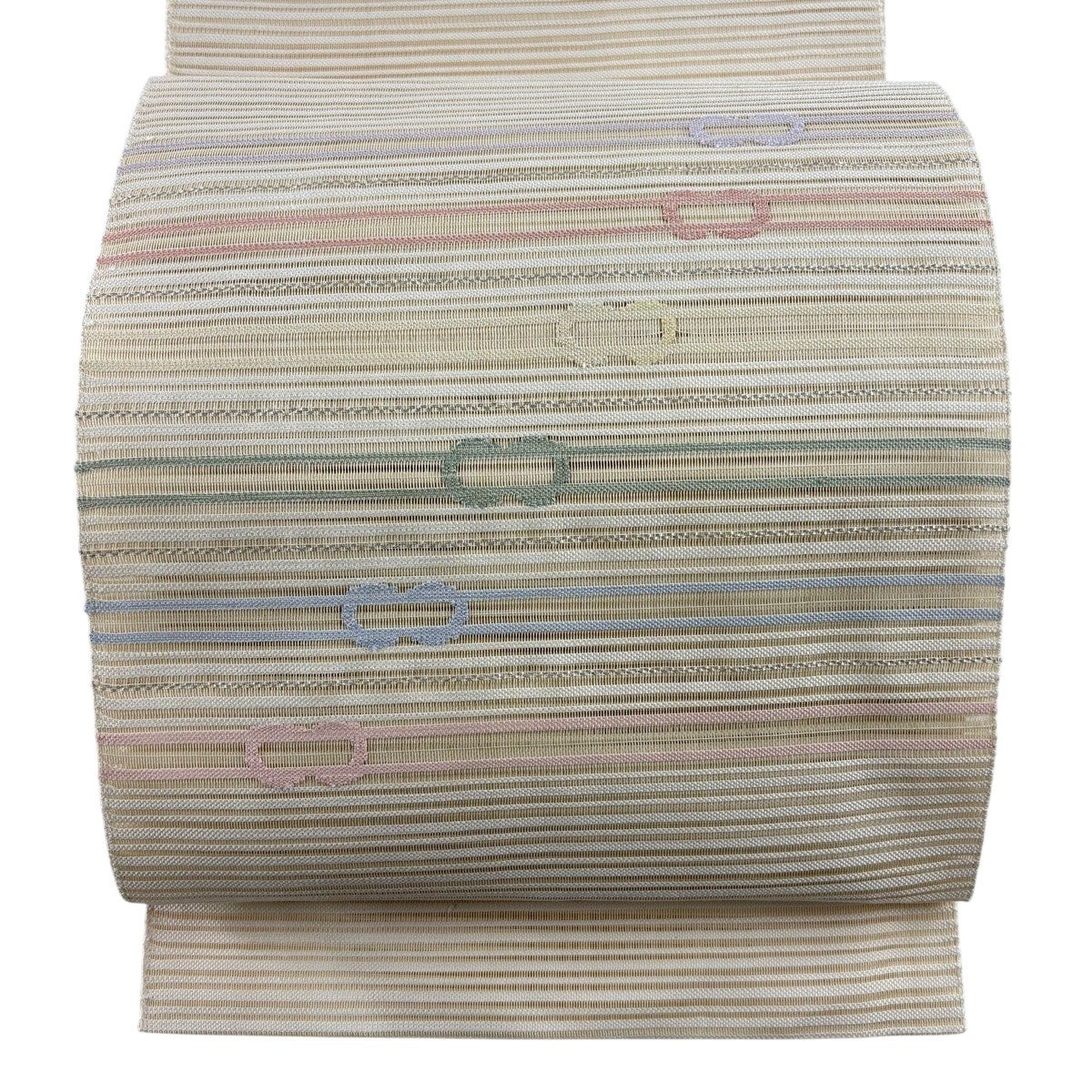 名古屋帯 秀品 八寸名古屋帯 夏帯 縞 幾何学模様 金糸 茶色 正絹｜中古