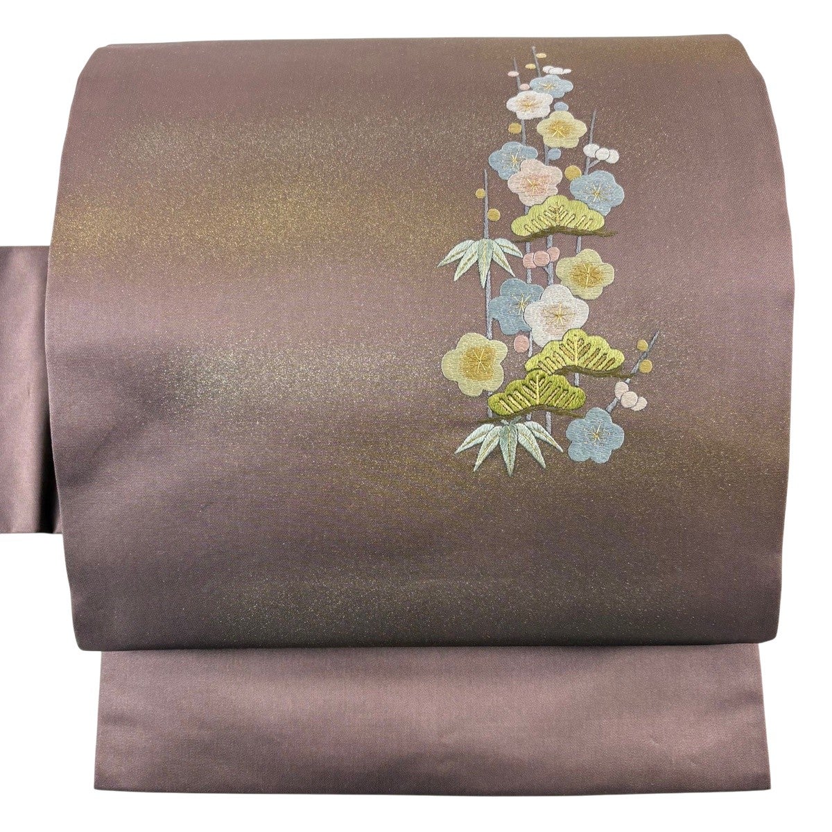 名古屋帯　唐織　松竹梅　菊花模様　金糸　着物　093a u 美品】 名古屋帯 秀品 松竹梅 刺繍 金糸 灰紫 正絹｜中古・古着