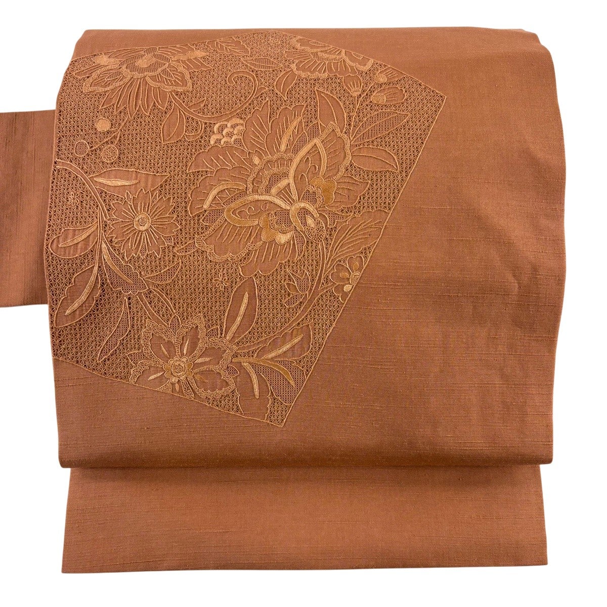 美品】 名古屋帯 秀品 紬地 草花 刺繍 オレンジ 正絹｜中古・古着
