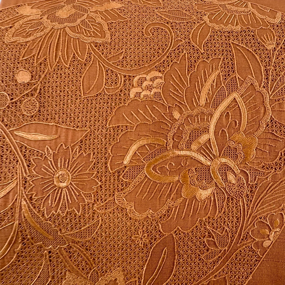 美品】 名古屋帯 秀品 紬地 草花 刺繍 オレンジ 正絹｜中古・古着