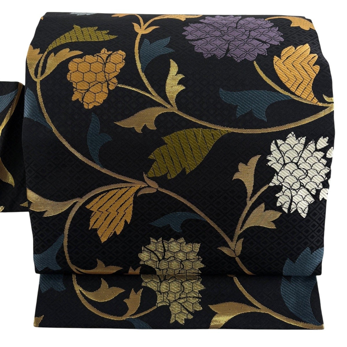美品】 名古屋帯 秀品 花唐草 箔 金糸 黒 正絹｜中古・古着