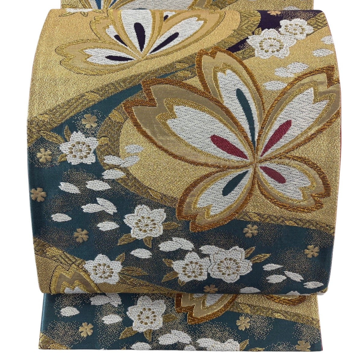 袋帯 秀品 振袖向き 桜 桜の花びら 金糸 唐織 金色 六通 正絹｜中古