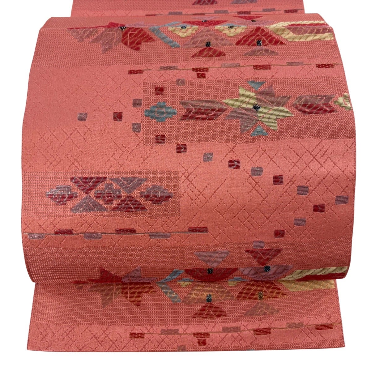 美品】 名古屋帯 優品 八寸名古屋帯 松葉仕立て 幾何学模様 箔