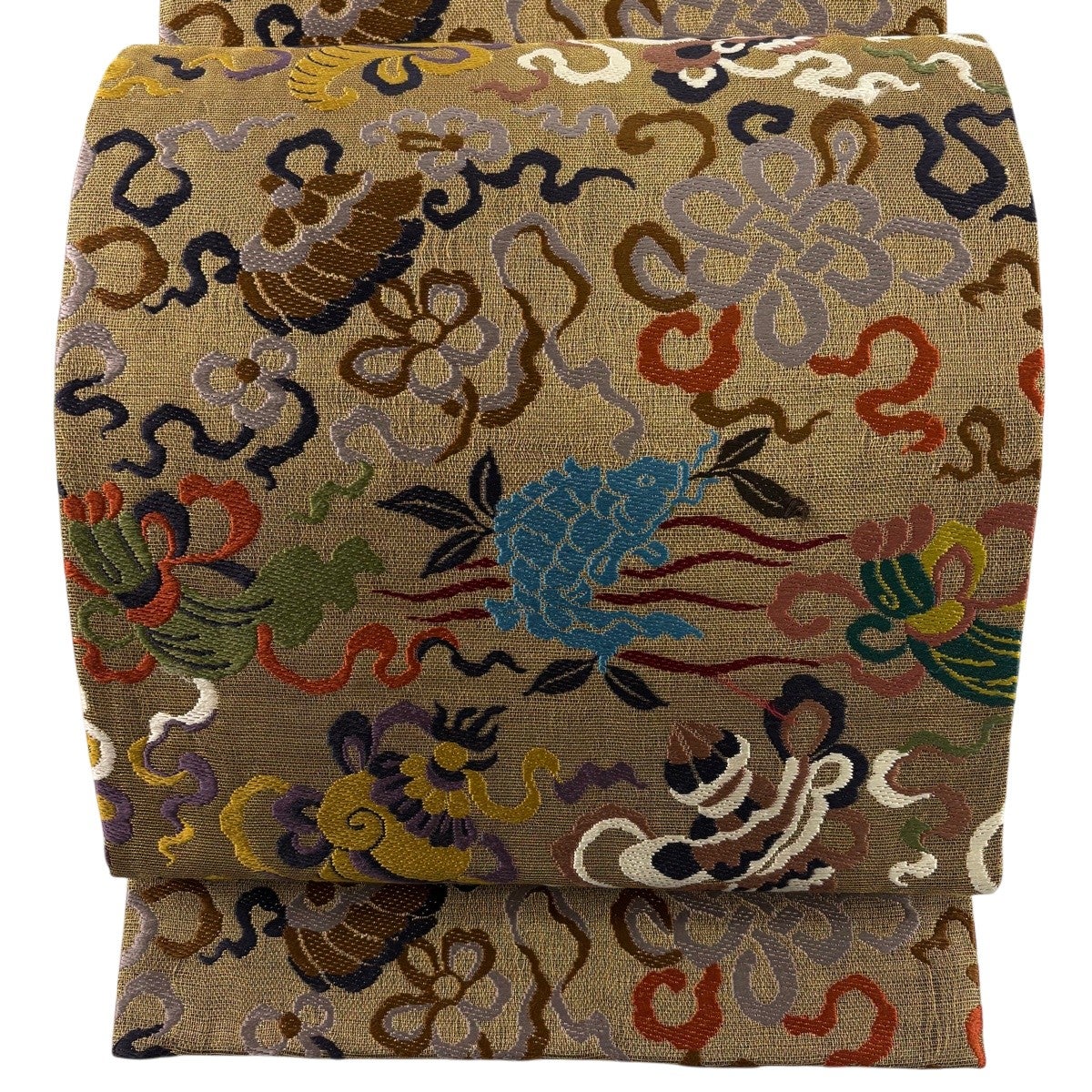 正絹　袋帯　六通柄　総刺繍　金糸　宝尽くし 袋帯 秀品 荒磯 宝尽くし 金糸 刺繍 金茶 六通 正絹｜中古・古着