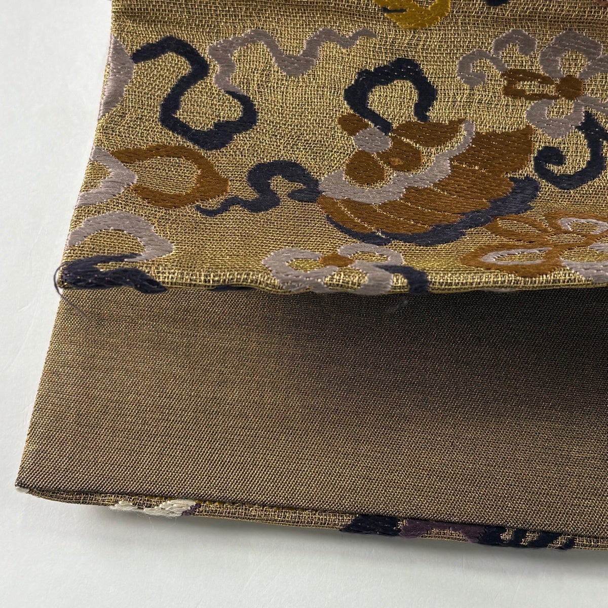 袋帯 秀品 荒磯 宝尽くし 金糸 刺繍 金茶 六通 正絹｜中古・古着