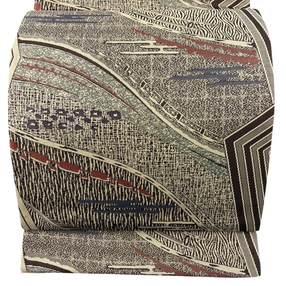 美品】 袋帯 秀品 鈴乃屋 ヱ霞 幾何学 茶色 全通 正絹｜中古・古着