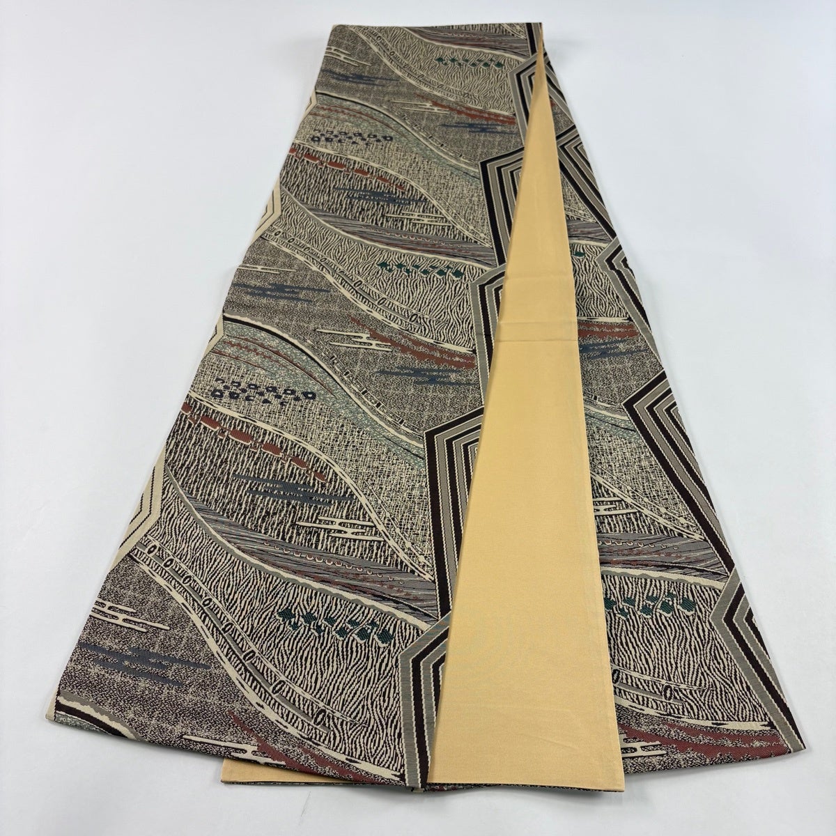 美品】 袋帯 秀品 鈴乃屋 ヱ霞 幾何学 茶色 全通 正絹｜中古・古着