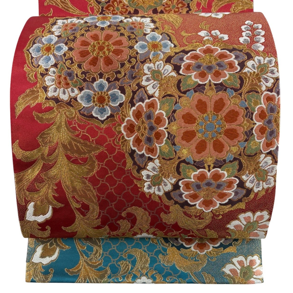 袋帯 秀品 三色染 振袖向き 華文 草花 金銀糸 唐織 赤 六通 正絹｜中古