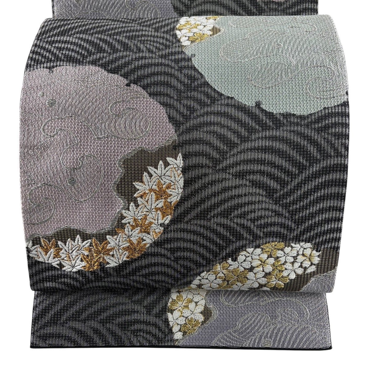 美品】 袋帯 秀品 雪輪 桜 金銀糸 黒灰 六通 正絹｜中古・古着