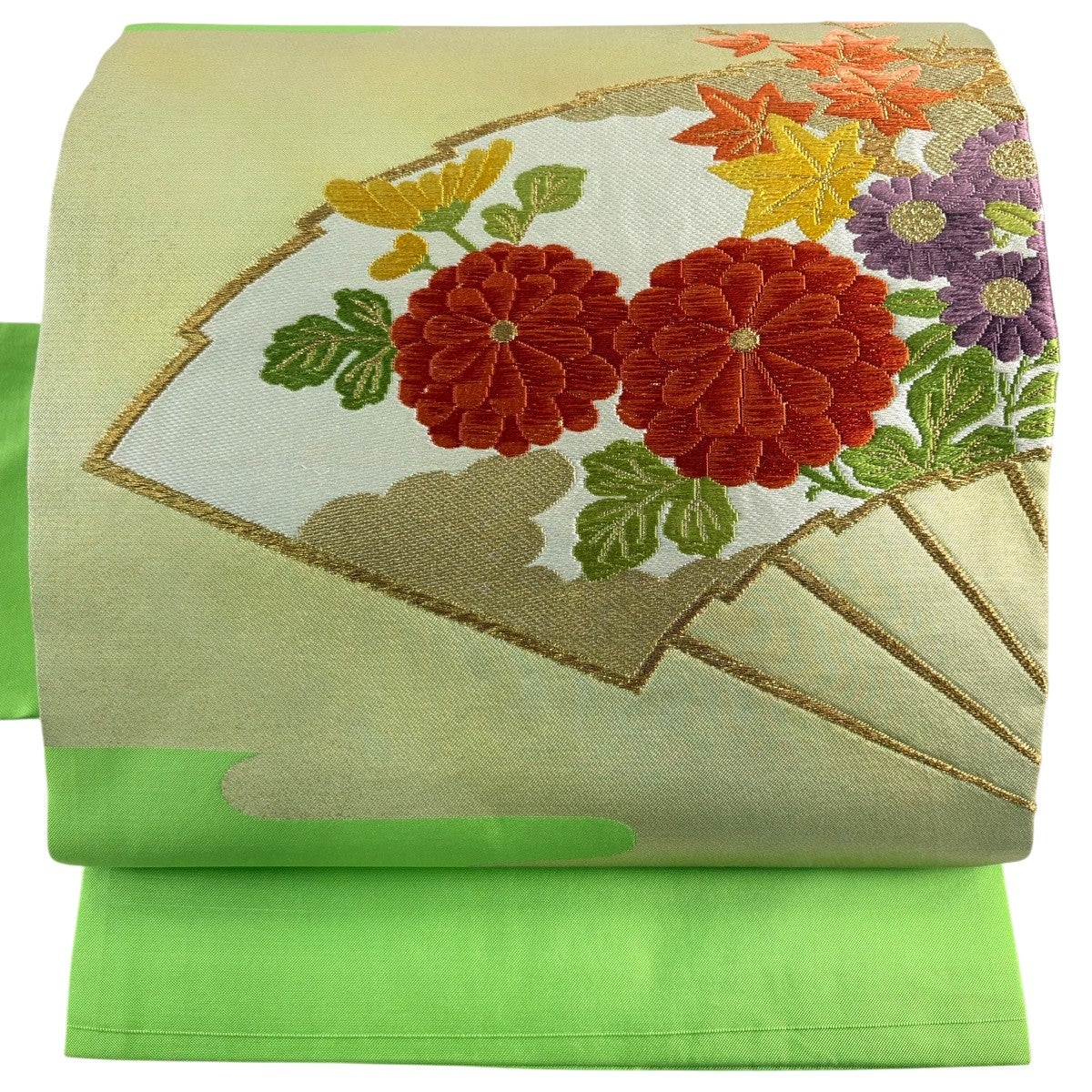 名古屋帯 優品 関西仕立て 菊 扇 金糸 箔 黄緑色 正絹｜中古・古着