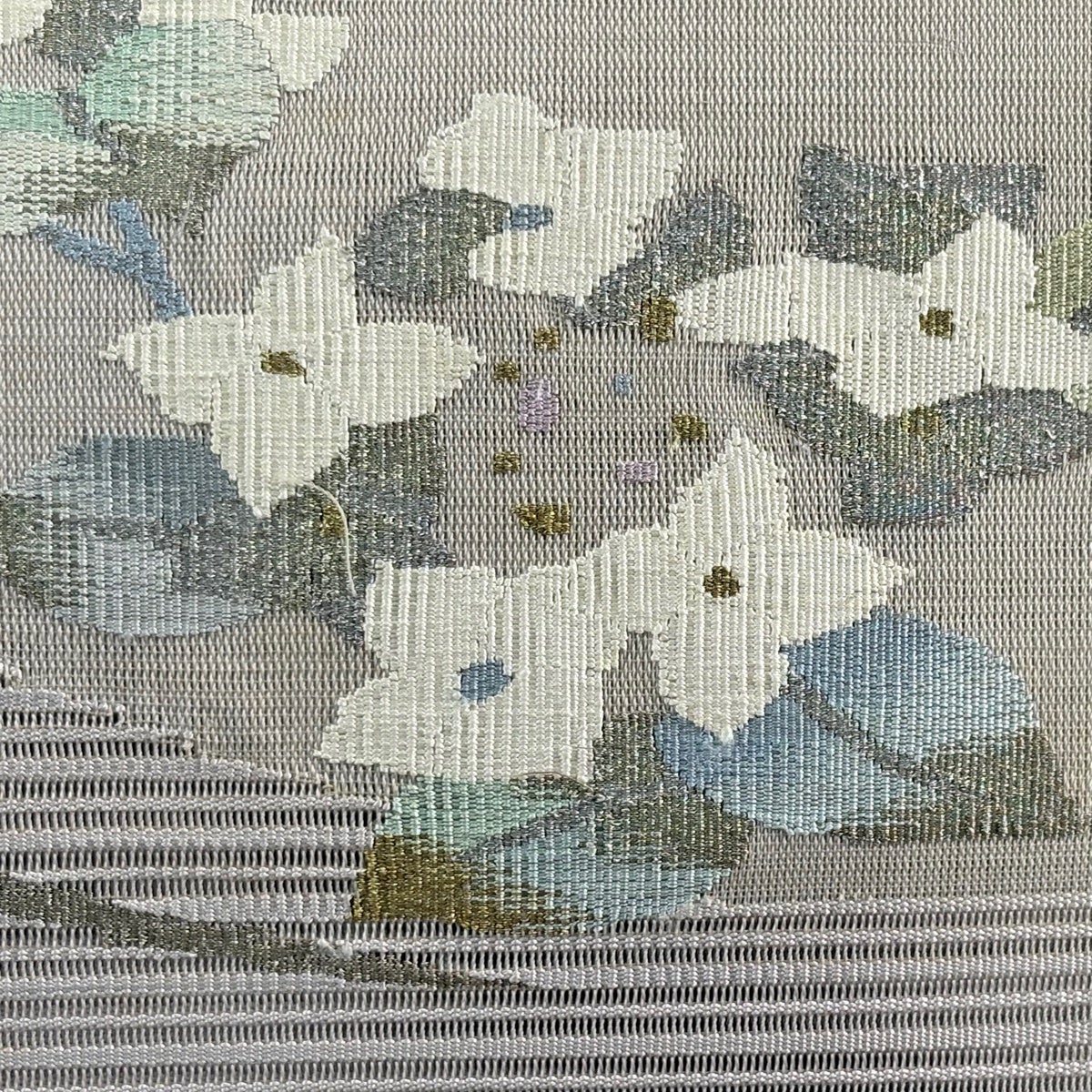 名古屋帯 優品 夏帯 絽 八寸名古屋帯 紫陽花 金銀糸 灰紫 正絹｜中古