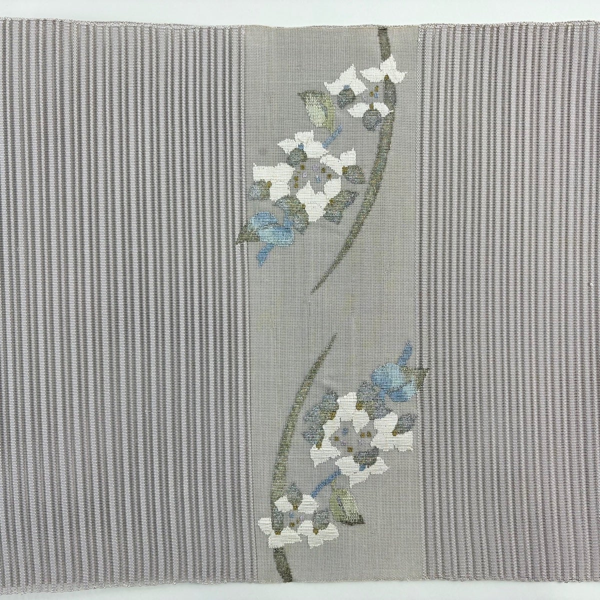 名古屋帯 優品 夏帯 絽 八寸名古屋帯 紫陽花 金銀糸 灰紫 正絹｜中古