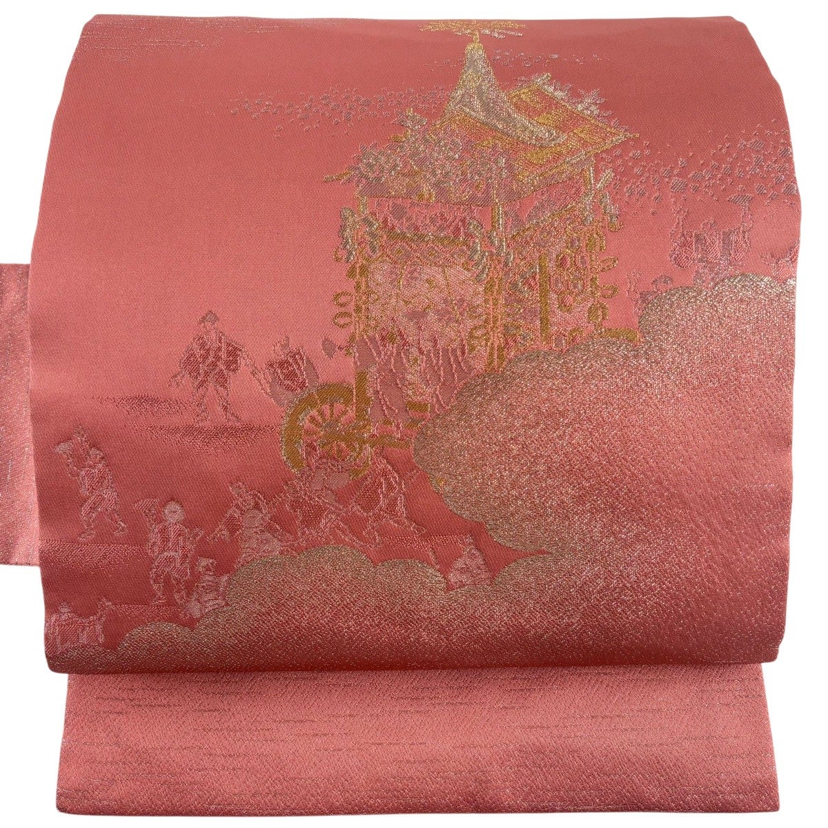 美品】 名古屋帯 優品 山鉾 雲文 金銀糸 サーモンピンク 正絹｜中古