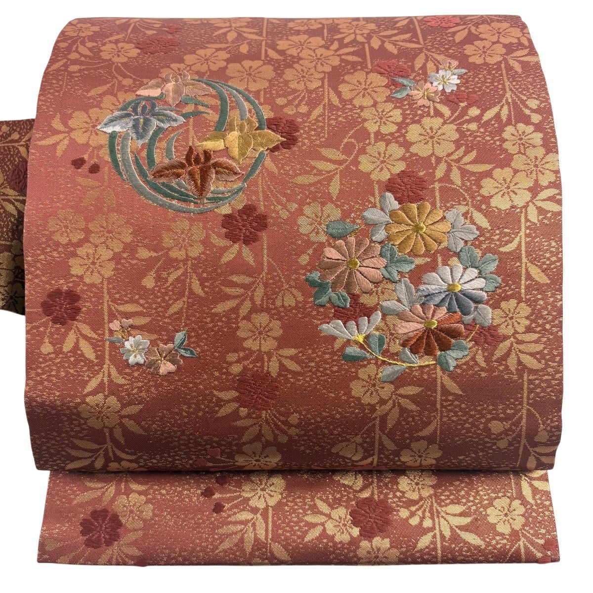名古屋帯 優品 花丸文 草花 金糸 刺繍 赤茶 正絹｜中古・古着