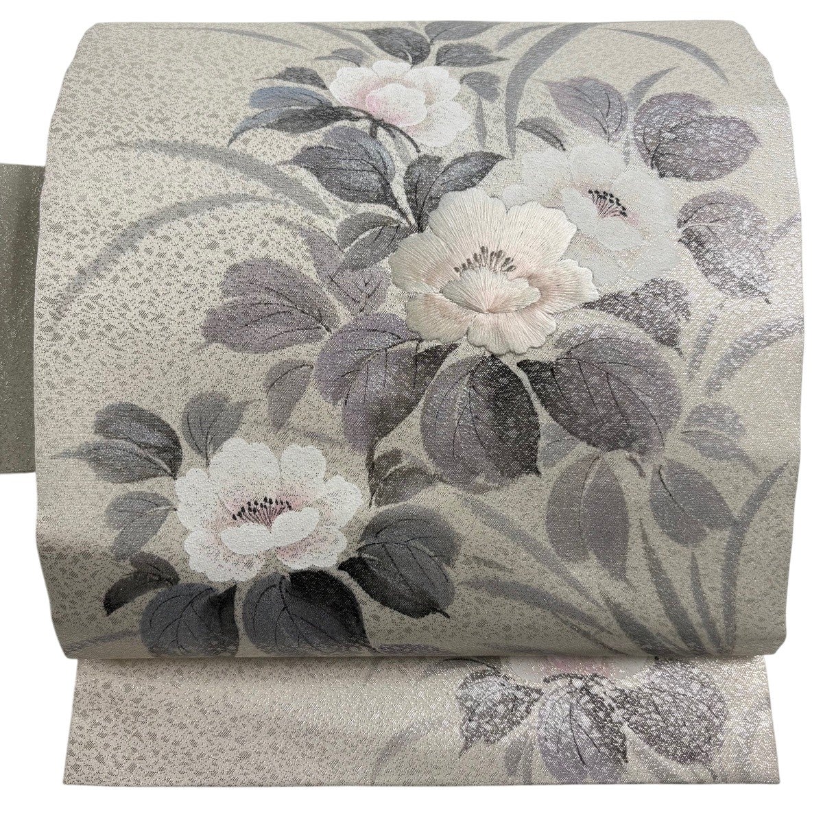 美品】 名古屋帯 優品 草花 銀糸 箔 灰白 正絹｜中古・古着