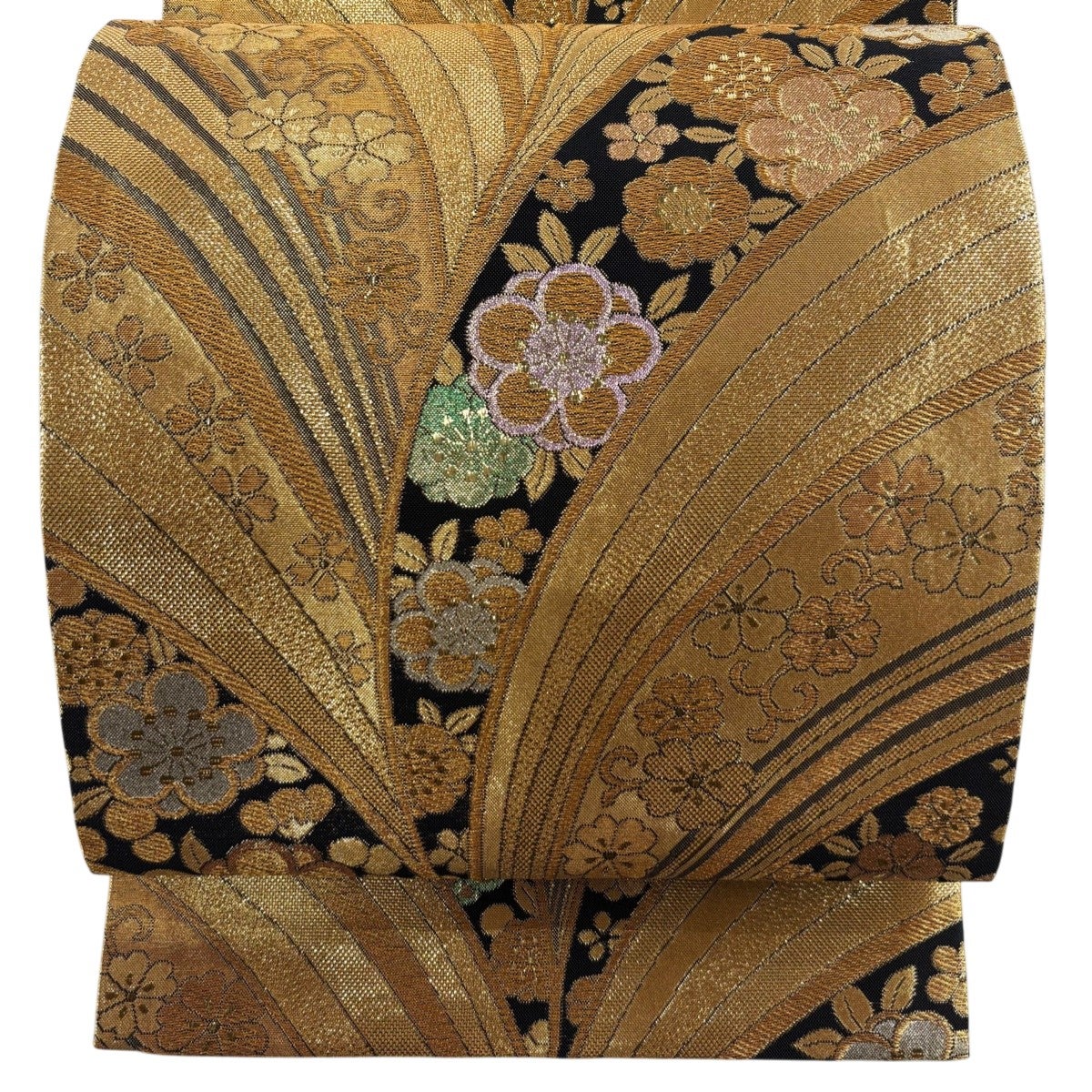 美品】 袋帯 秀品 粋雅 梅 笹 金糸 箔 茶緑色 六通 正絹｜中古・古着