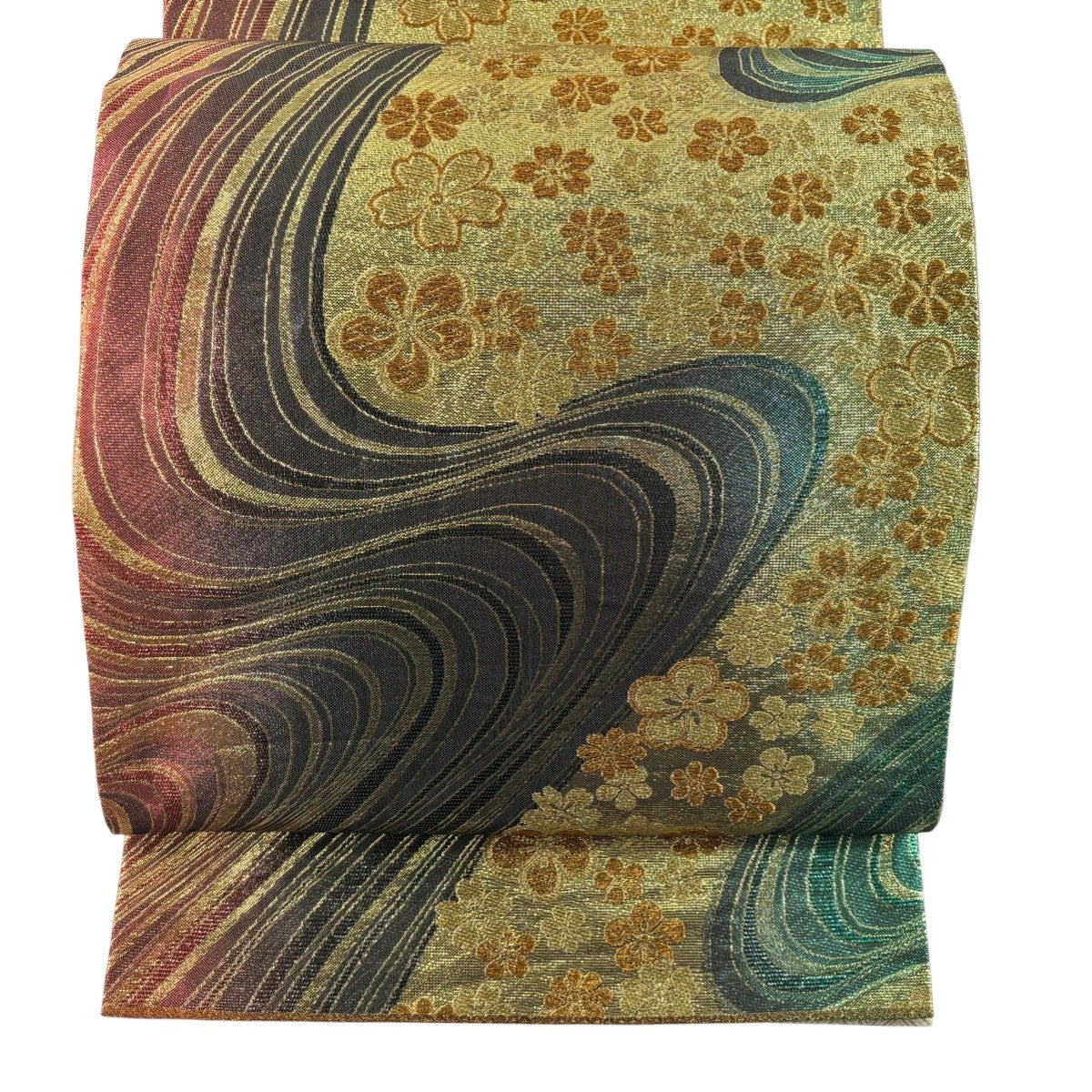 正絹 金糸箔 流水に桜模様織出し袋帯 袋帯 秀品 流水 桜 箔 金糸 灰茶 六通 正絹 【中古】 - メルカリ