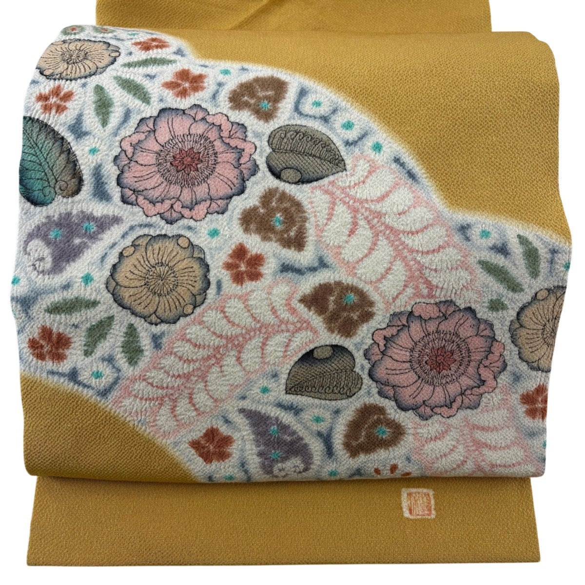 開き名古屋帯 名品 山岡古都 落款あり 枝梅 草花 縮緬 灰茶 正絹｜中古