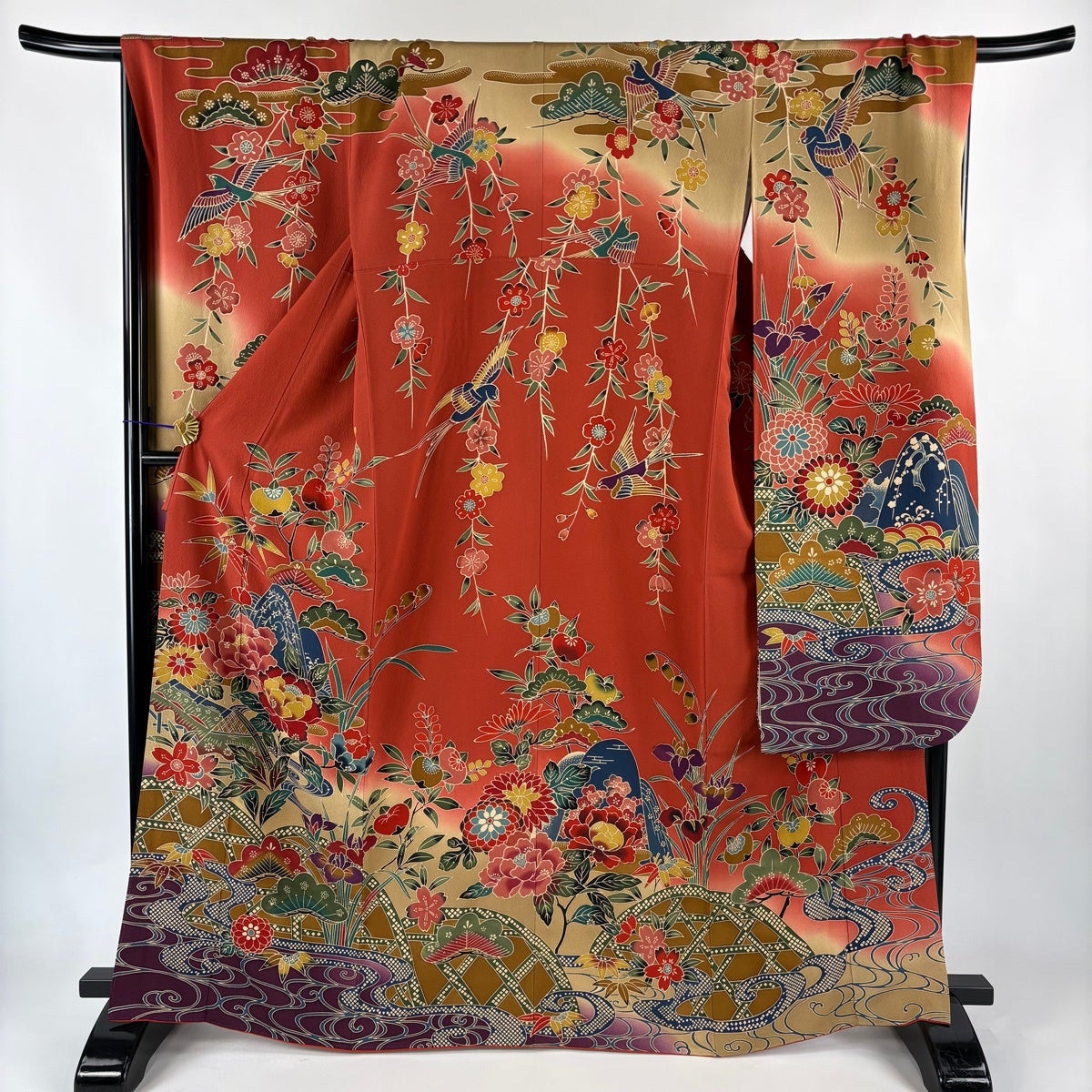 振袖 身丈159cm 裄丈65cm M 袷 草花 花器 染め分け 朱色 正絹 秀品