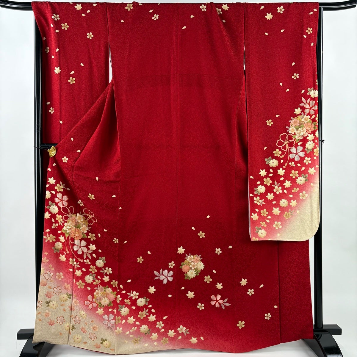 振袖 身丈158.5cm 裄丈66.5cm M 袷 鶴 梅 金糸 金彩 深緑 正絹 名品