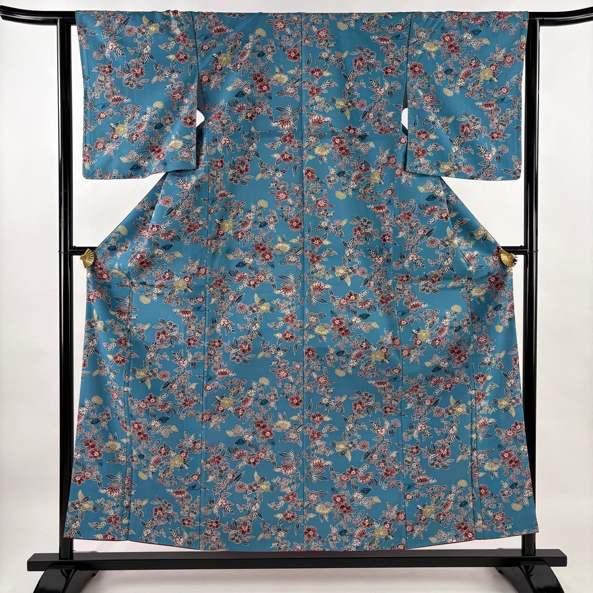 小紋 身丈156cm 裄丈62.5cm S 袷 草花 水色 化繊 優品｜中古・古着